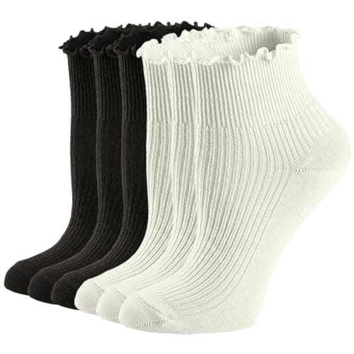 VIBCICY 6 Pack Womens Breathable Cool Knit Cotton Casual Ankle Socks, Ruffle Turn-Cuff Lettuce Crew Frilly Sock (3balck+3white) - Image 1