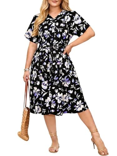 Charming Ashley Plus Size Women's Dress 2026 Summer V-Neck Short Sleeve Midi Dress with Pockets Beach Resort Wear 1X-5XL Black - Image 1