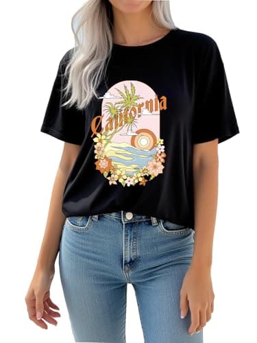 AiMgFUN Women's 2025 Summer Graphic T Shirts,Stylish Short Sleeve Tee, Printed Casual Top,Crew Neck California Black-M - Image 1