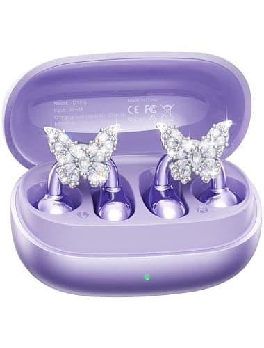 Kinglucky Gen2 Clip-On Earbuds with Butterfly Earrings, Charge & Store Without Removing Earrings, Comfortable Fit & 40H Playtime Bluetooth Open Ear Headphones for Women, Small Ears, Gifts (Purple)