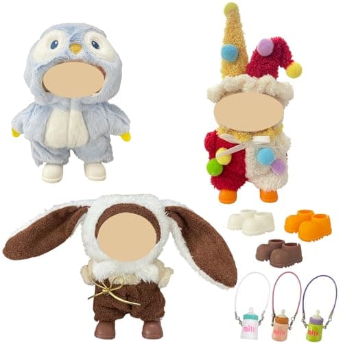 Ezcora 3PCS Animal Costume Outfits for 17cm Dolls, Include Blue Penguin, Brown Rabbit, and Festive Clown Clothes with Shoes and Mini Bottle, Cute Dress Up Accessories, (No Dolls) - Image 1