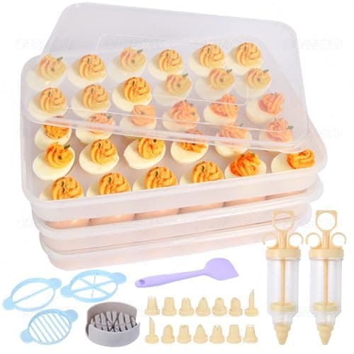 90 Deviled Egg Containers with Lid (Set 3),Plastic Easter Deviled Egg Tray Carrier with Handl Injector Piping Tool,Clear Storage Deviled Egg Platter Holder for Refrigerator Party Picnic Party Events - Image 1