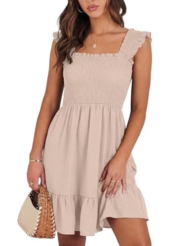 Caracilia Women Summer Casual Sleeveless Square Neck Sun Dress Smocked Ruffle Backless Boho Beach Vacation Cute Short Dresses Parchment X-Large - Image 1