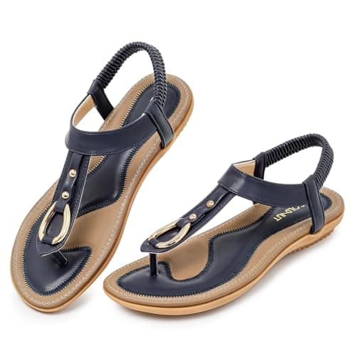 Goldnut Women's Comfortable Flat Sandals Dressy - Summer Navy T-Strap Thong Sandals with Elastic Ankle Strap, Casual Walking Shoes for Beach Size 10 - Image 1