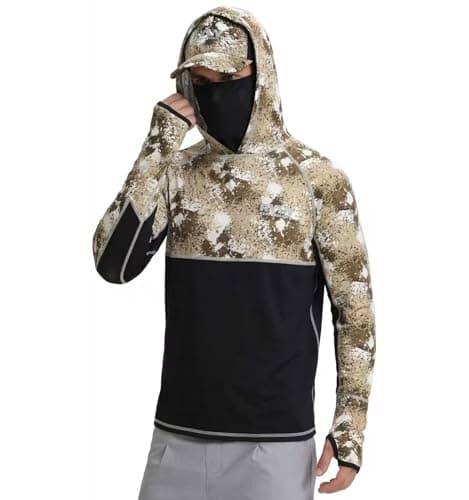 Men's Fishing Shirts with Mask Cap Sun Protection Hoodie Rash Guard Shirts Long Sleeve UPF 50+ Hiking Shirt(L) Khaki - Image 1
