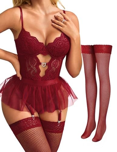 Tidouk Sexy Lingerie Sets for Women Lace Bodysuit Garter Lingerie set Babydoll Mini Skirt with Stockings(Wine Red,Small - Image 1