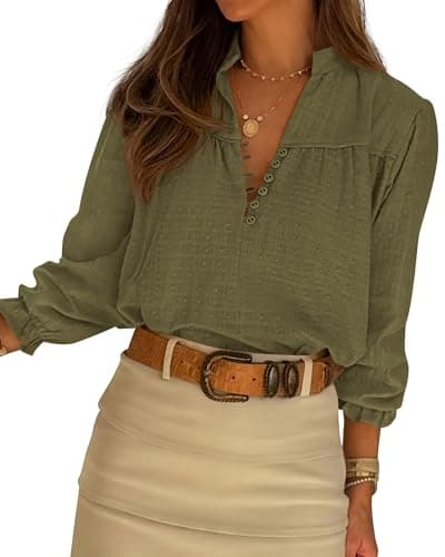 BTFBM Women Spring Tops 2026 Boho Solid V Neck Fashion Casual Long Sleeve Button Down Blouses Dressy Shirts(Army Green,X-Large) - Image 1