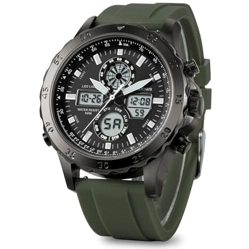 PINDOWS Watches for Men, 30M Waterproof Military Digital Analog Outdoor Sport Watch Multifunctional Wristwatch with Dual Time LED Backlight Alarm Stopwatch Calendar - Image 1