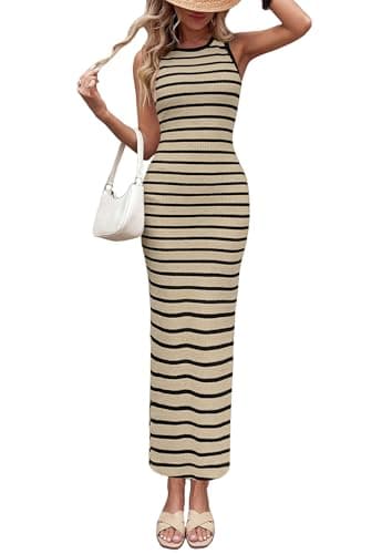 PRETTYGARDEN Sundresses for Women 2026 Summer Striped Knit Side Slit Spring Fashion Bodycon Maxi Dress Beach Vacation Clothes (Sage Green,Small) - Image 1