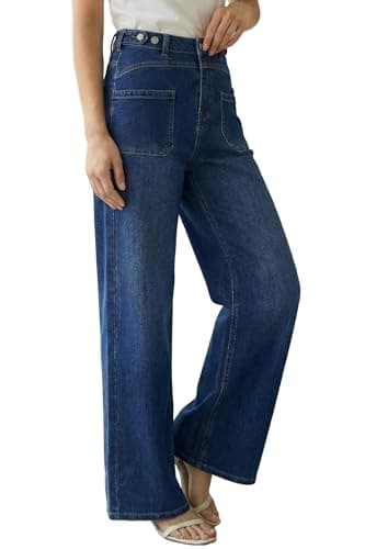 Arach&Cloz Womens Wide Leg Plus Size Jeans 2026 Stretchy Baggy Jeans High Waisted Trousers Pull On Jeans for Women Casual Trendy Loose Denim Straight Pants with Pockets Dark Blue XL - Image 1