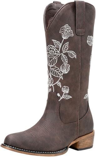 Jeossy Women's Whisky Cowboy Mid Calf Boots, Cute Boot with Embroidery Flower, Low Heel Western Cowgirl 9807 Boot, Comfy Riding Round Toe Boots with Side Zipper, Size 9 US(DJY9807 Whisky 09) - Image 1