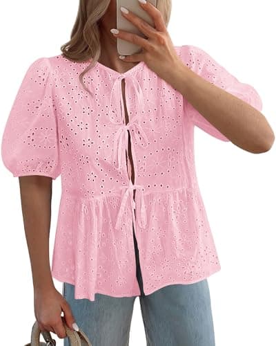 KIRUNDO Peplum Tops for Women 2026 Summer Eyelet Tie Front Blouses Casual Short Lantern Sleeve Cute Y2K Lace Babydoll Shirts(Pink, Small) - Image 1
