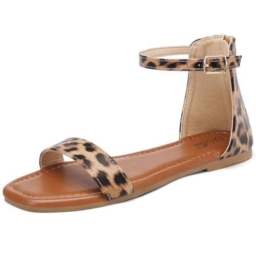 katliu Women's Ankle Strap Flat Sandals One Band Dressy Sandals Square Open Toe Sandals for Summer with Back Zipper Leopard 7.5 - Image 1
