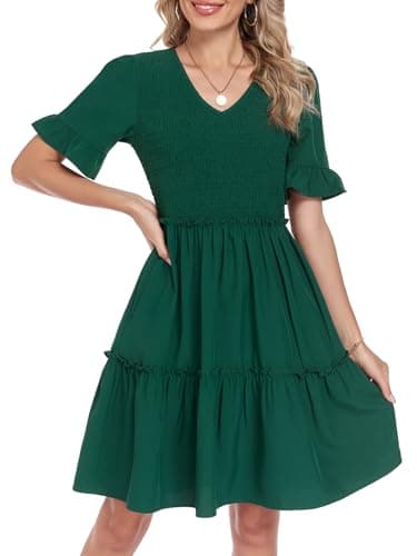 Lyrur Women’s Spring Summer Casual Dresses V Neck Ruffle Sleeve Smocked Tiered Knee Length Babydoll Dress with Pockets Dark Green Large - Image 1