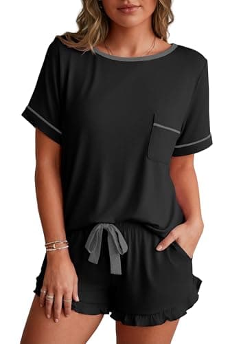 PrinStory Womens Pajama Set 2 Piece Short Sleeve Top and Shorts Pjs Cute Lightweight Pj Sets Soft Lounge Set with Pockets Black-L - Image 1