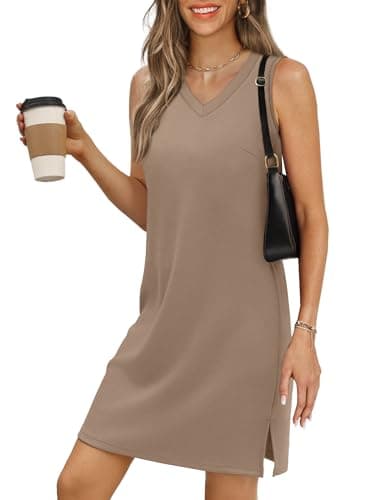 BKRIVE V-Neck Summer Casual Beach Dress for Women 2026 Vacation Women's Sleeveless Sundress with Split Khaki - Image 1