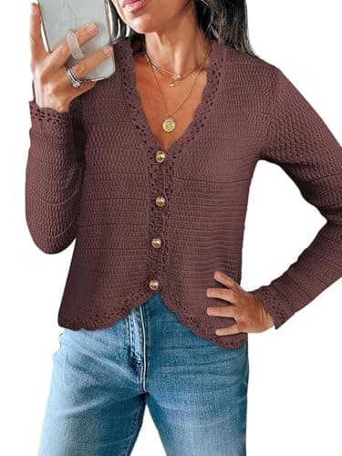 MAOECO Womens Cardigan Sweaters Trendy Cropped Button Up Long Sleeve V Neck Loose Boho Casual Dressy Knit Tops Fall Outfits Fashion 2026 Brown XL - Image 1