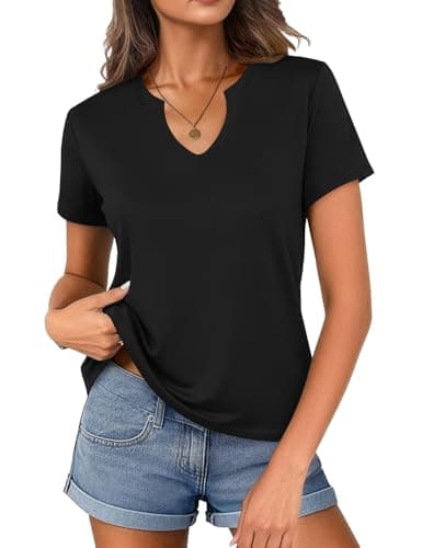 Women's V Neck Cotton T-Shirts Breathable Short Sleeve Tops Lightweight Stretch Summer Tees (Black,X-Large) - Image 1