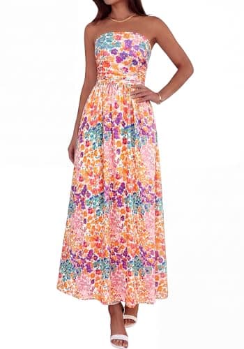 BTFBM Summer Maxi Dresses for Women 2026 Strapless Tube Top Floral Spring Wedding Guest Dress Beach Vacation Outfits(Floral White, Large) - Image 1