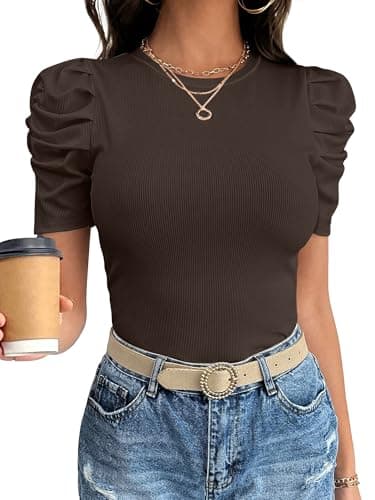 ANRABESS Women Puff Short Sleeve Crewneck Dressy Casual Tops Summer Fitted Ribbed Knit Trendy Work Shirts 2026 Spring Clothes Coffee Medium - Image 1