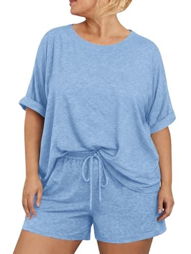 Beautife Womens Plus Size 2 Piece Outfits Short Sleeve Shirt Tops and Shorts Pajama Sets Summer Casual Loungewear Sky Blue - Image 1