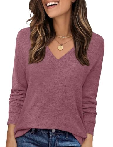 JUSTFASHIONNOW Women's Long Sleeve Tops V Neck Winter Shirts Boutique Tops for Women Trendy Blouses Dressy Casual T Shirts Fashion Winter Clothing (Wine Red,Small) - Image 1