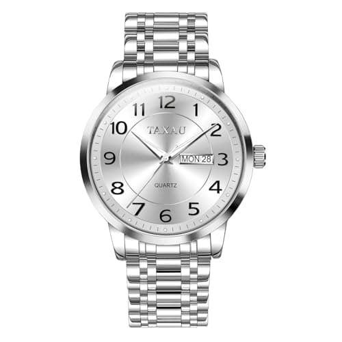 Taxau Silver Watch Men Luxury Classic Fashion Large Face Simple Mens Watches Casual Stainless Steel Waterproof Watches for Men Fancy Dress Day Date Easy Read Analog Wrist Watch Reloj para Hombre - Image 1