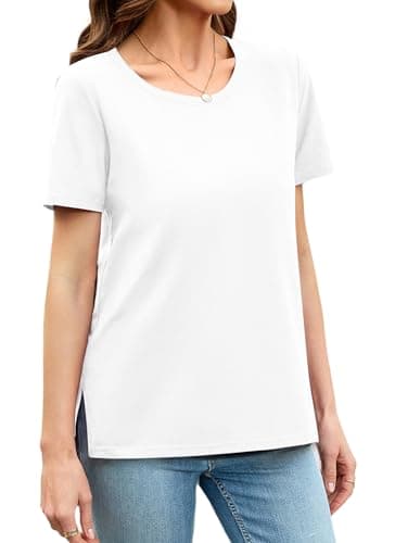 Herou Summer White Tops for Womens Short Sleeve T-Shirt High Low Hem Tees with Side Split White Small - Image 1