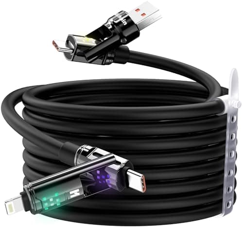 Hichain 100W 4-in-1 Multi Charging Cable, USB C to Lightning Cable, with Light for iPhone 17-15 Series Fast Charging, Chubby USB A/C to C/Lightning Charging Cord - 6 FT - Image 1