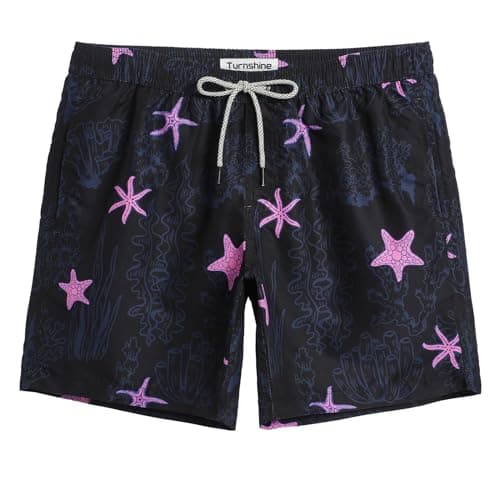 Turnshine Mens Swim Trunks 7" Quick Dry Bathing Suits with Mesh Lining Printed Board Shorts Swimwear Black Pink Star X-Large - Image 1