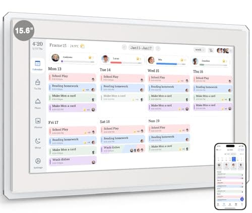 Yemsd 15.6" Digital Calendar, Smart Wall-Mounted HD Touchscreen Electronic Family Calendar, Chore Chart & Meal Planner, Built-in Digital Photo Frame with Desk Calendar Base, Wall & Desk Mount, White - Image 1