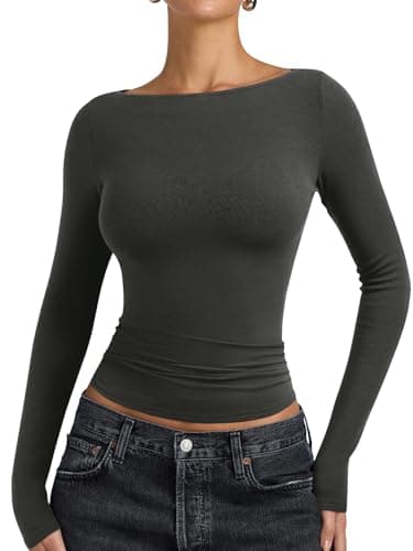 PINKMSTYLE Womens Long Sleeve Boatneck Tops Basic Business Casual Top Fall Shirts Army Green Large - Image 1