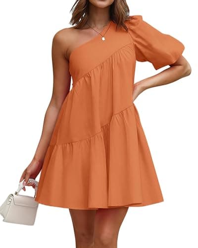 KIRUNDO Summer One Shoulder Mini Baby Doll Dresses Women 2026 Casual Puff Sleeve Loose Tiered A Line Flowy Short Dress(Orange, Medium) - Image 1