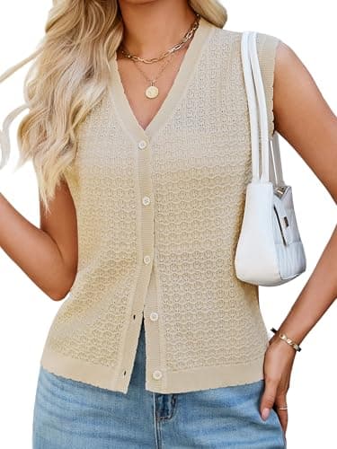 Bellcoco Womens Sleeveless V Neck Sweater Vest Crochet Knit Summer Tops Button Down Spring Cardigan Casual Outfits 2026 Apricot M - Image 1