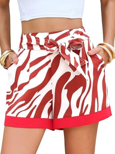 EXLURA Womens High Waist Boho Shorts Zebra Print Color Block Tie Knot Summer Beach Vacation Flowy Shorts with Pockets 2026 Red - Image 1