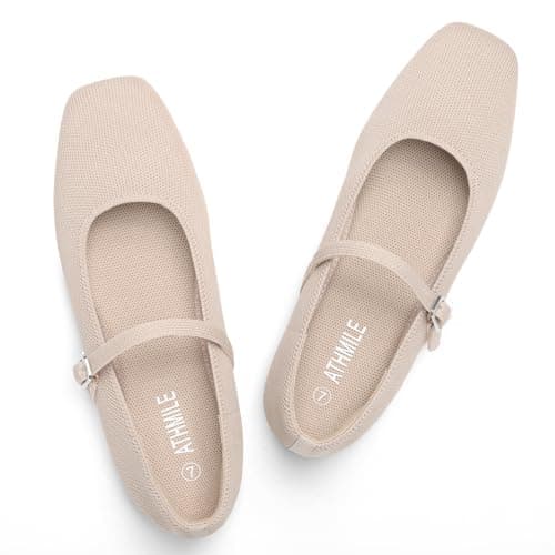 ATHMILE Square Toe Ballet Flats Mary Janes Shoes Women with Padded Heel & Adjustable Strap, Knit Slip-On Flats for Women for Office, Dressy & Casual, Machine Washable for Easy Care Nude Size 11 - Image 1