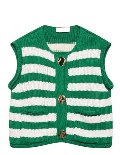 Fmkagva Womens Striped Cropped Sweater Vest Knitted Vests Top Button Down Crew Neck Sleeveless Cardigans with Pockets (US, Alpha, Small, Regular, Regular, Green) - Image 1