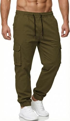 DISLANBO Mens Jogger Pants Casual Lightweight Cargo Pants Drawstring Elastic Waist Tapered Leg Pants with Pockets ArmyGreen L - Image 1