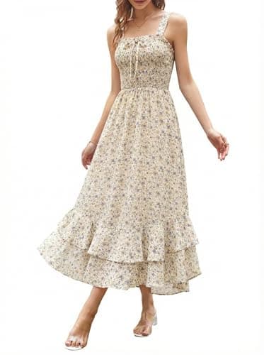 GRACE KARIN Women's 2025 Summer Floral Boho Dress Square Neck Strapped Swing A Line Sundress Beach Long Maxi OutfitsLight Yellow 2XL - Image 1