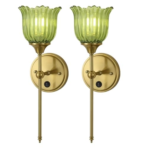 BOXCUPIN Modern Wall Sconces Set of 2 with Green Flower Glass Shade, Mid Century Bathroom Vanity Wall Light Fixtures Gold Vintage Wall Lights with Switch for Mirror Bedroom Living Room - Image 1