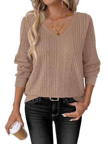 ANRABESS Womens V Neck Sweaters 2025 Fall Long Sleeve Shirts Lightweight Ribbed Knit Basic Casual Office Work Tunic Tops Khaki Small - Image 1
