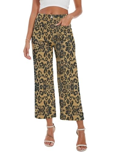 DAOAO Leopard Pants Women High Waisted Stretchy Wide Leg Jeans Woman Cropped Denim Fall Pants Trendy M - Image 1
