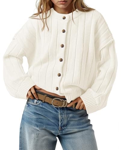 Saodimallsu Womens Open Front Cardigan Sweaters Button Down Knit Long Sleeve Crewneck Casual Loose Fall Outerwear White - Image 1
