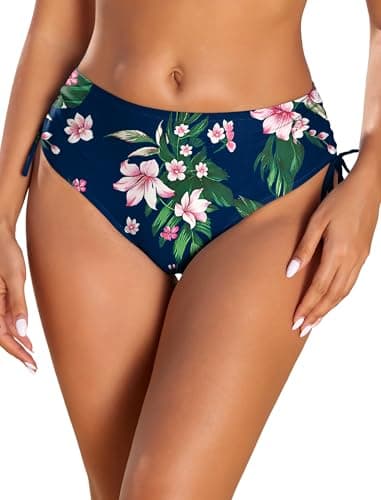HUSKARY Bikini Bottoms for Women Tummy Control High Waisted Tankini Bottom with Lined Cute Swimming Shorts Navy Blue Florals Medium - Image 1