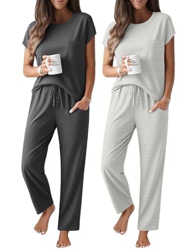 Ekouaer 2 Packs Pajamas for Women Set Cap Sleeve Top and Pants Soft Sleepwear Comfy Pjs Set with Pockets - Image 1