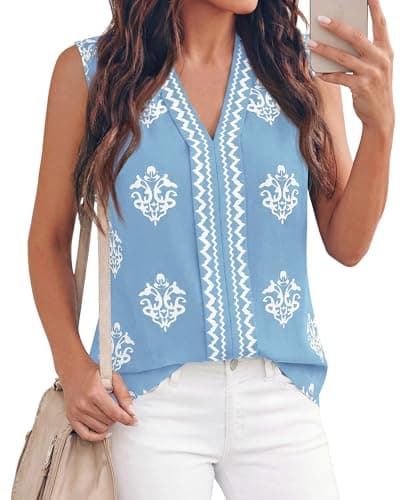 BTFBM Womens Tank Tops Floral Printed V Neck Sleeveless Spring 2026 Business Work Dressy Casual Shirts Chiffon Blouses(Light Blue, Large) - Image 1