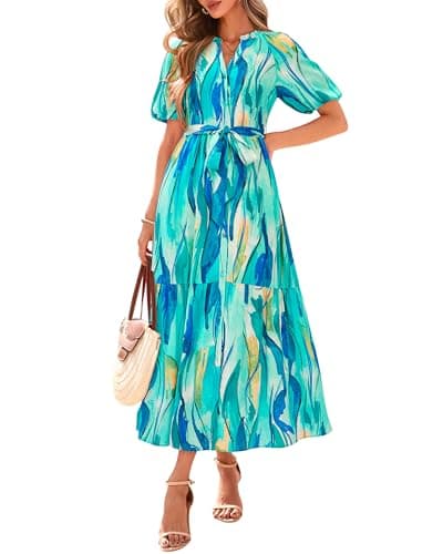 BTFBM Summer Dresses for Women 2026 Boho Short Sleeve V Neck Button Belt Flowy Spring Clothes Beach Vacation Maxi Dress(Floral Light Green White, Medium) - Image 1