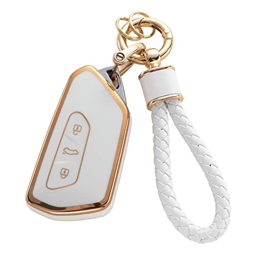 RUABIBAN for VW Key Fob Cover with Keychain, Soft TPU Key Case Protection Fit for Golf 8 ID4 Seat Leon MK 4 Skoda Octavia Smart Key