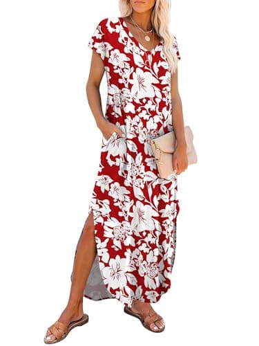 RUMIA Summer Casual Maxi Dresses for Women- Women's V Neck Cap Sleeve Long Sundress with Pockets Beach Vacation - Image 1