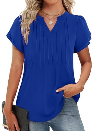 Funlingo Womens Blouses Dressy Casual Short Sleeve Top Summer V Neck Flowy Business Work Shirt Loose Fitting Pleated Outfit Royal Blue 2XL - Image 1